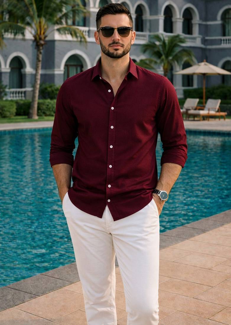 Maroon color formal solid linen cotton rich looks shirt for men