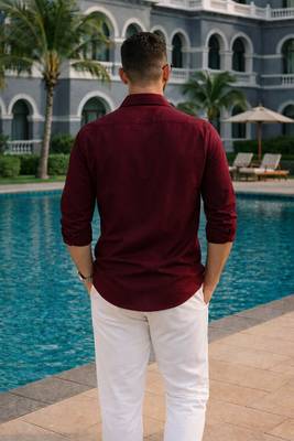 Maroon color formal solid linen cotton rich looks shirt for men 2