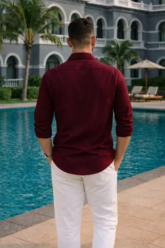 Maroon color formal solid linen cotton rich looks shirt for men