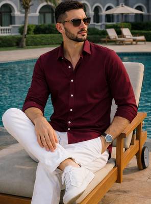 Maroon color formal solid linen cotton rich looks shirt for men 3