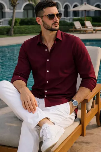 Maroon color formal solid linen cotton rich looks shirt for men