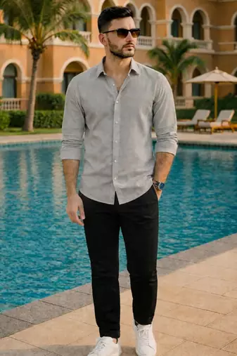 Grey color formal solid linen cotton rich looks shirt for men