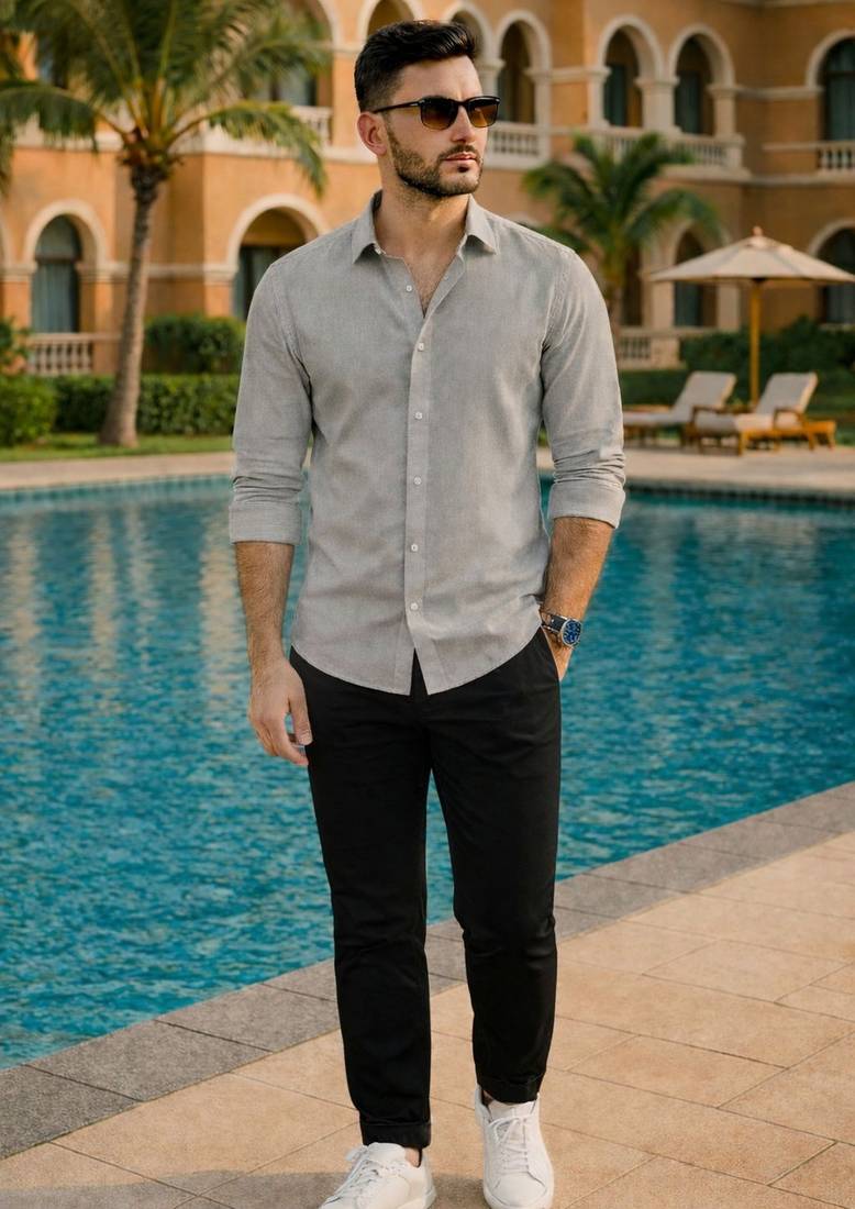 Grey color formal solid linen cotton rich looks shirt for men