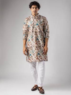 Cream color magnet fabric designer foil printed stylish men's traditional attire 1