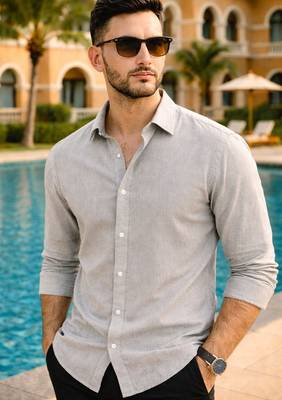 Grey color formal solid linen cotton rich looks shirt for men 3