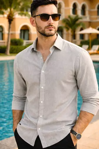 Grey color formal solid linen cotton rich looks shirt for men