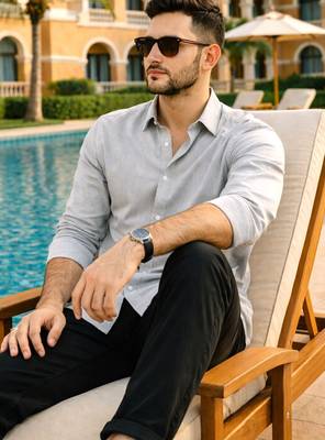 Grey color formal solid linen cotton rich looks shirt for men 4