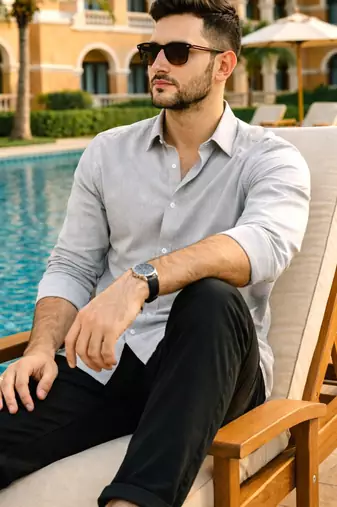Grey color formal solid linen cotton rich looks shirt for men