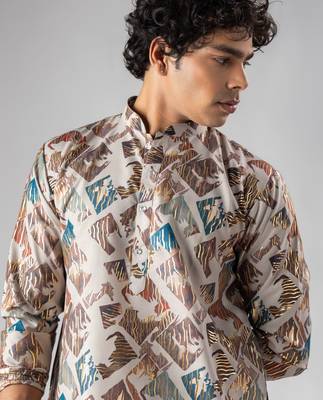 Cream color magnet fabric designer foil printed stylish men's traditional attire 3