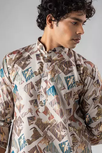 Cream color magnet fabric designer foil printed stylish men's traditional attire