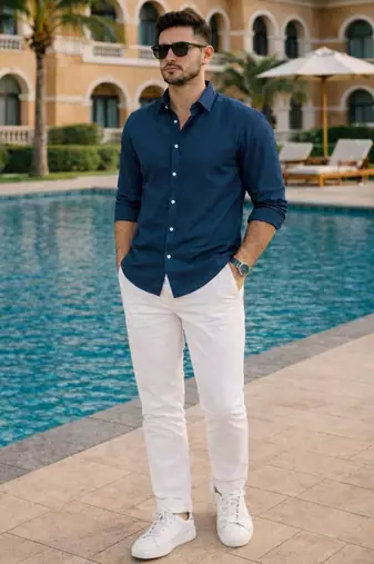 Blue color formal solid linen cotton rich looks shirt for men