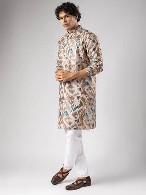Cream color magnet fabric designer foil printed stylish men's traditional attire 4