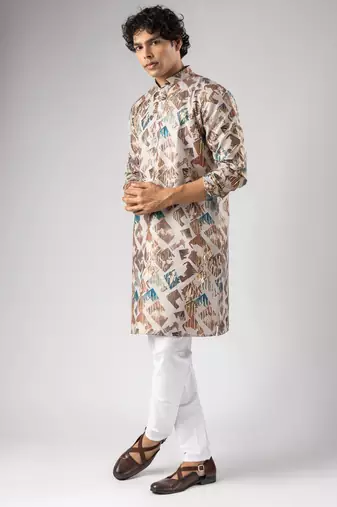 Cream color magnet fabric designer foil printed stylish men's traditional attire