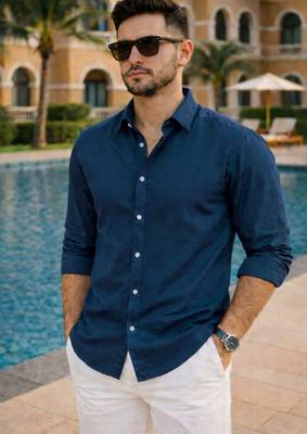 Blue color formal solid linen cotton rich looks shirt for men 3