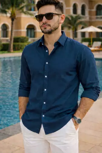 Blue color formal solid linen cotton rich looks shirt for men