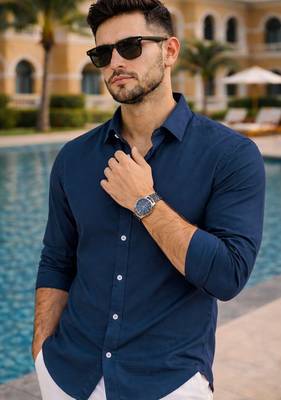 Blue color formal solid linen cotton rich looks shirt for men 4