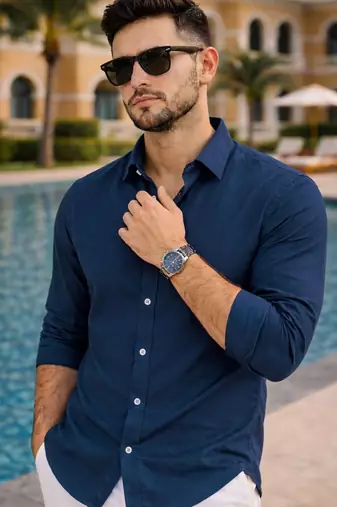 Blue color formal solid linen cotton rich looks shirt for men