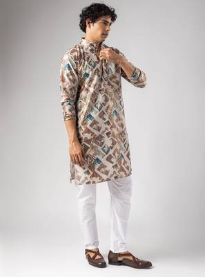 Cream color magnet fabric designer foil printed stylish men's traditional attire 5