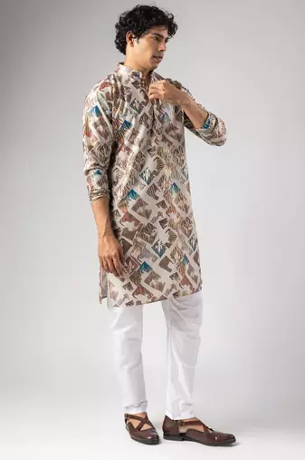 Cream color magnet fabric designer foil printed stylish men's traditional attire