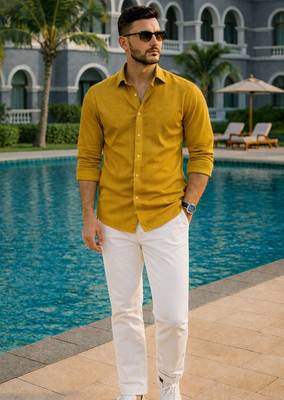 Yellow color formal solid linen cotton rich looks shirt for men 1