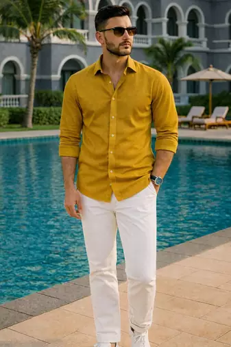 Yellow color formal solid linen cotton rich looks shirt for men