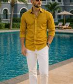 Yellow color formal solid linen cotton rich looks shirt for men