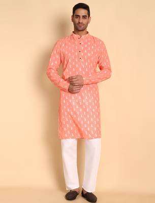 Peach color smart and ethnic designer printed kurta payjama for men's festive looks 1