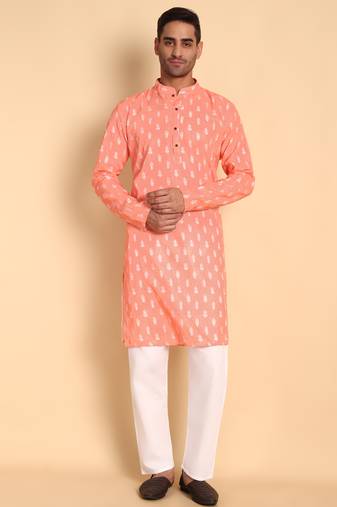 Peach color smart and ethnic designer printed kurta payjama for men's festive looks
