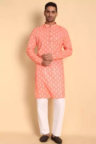 Peach color smart and ethnic designer printed kurta payjama for men's festive looks