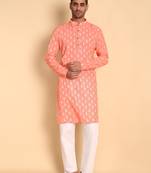 Peach color smart and ethnic designer printed kurta payjama for men's festive looks