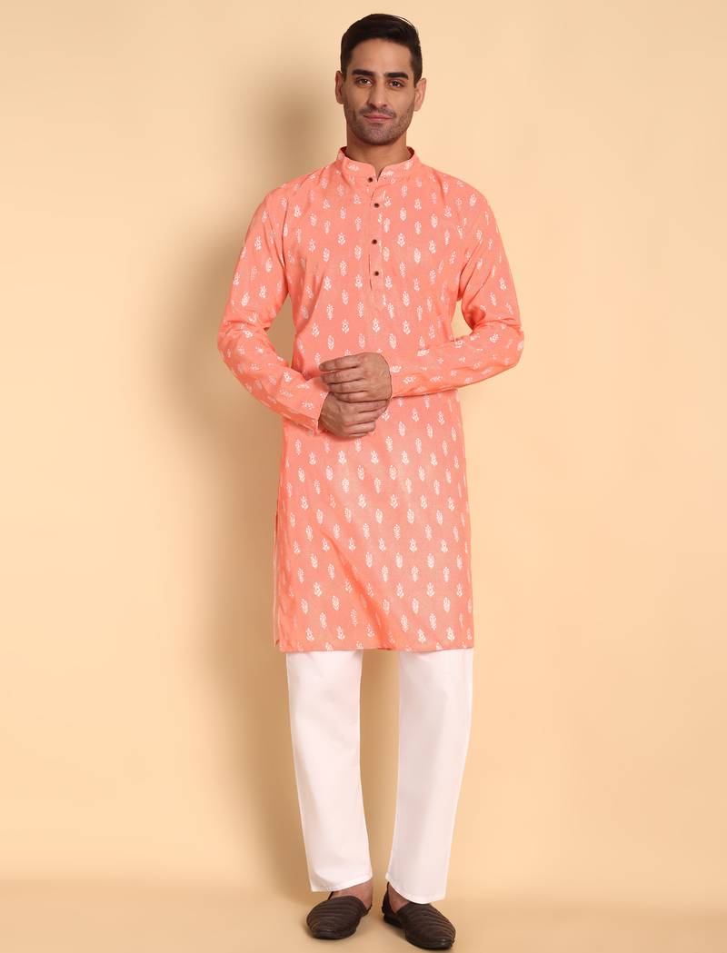 Peach color smart and ethnic designer printed kurta payjama for men's festive looks