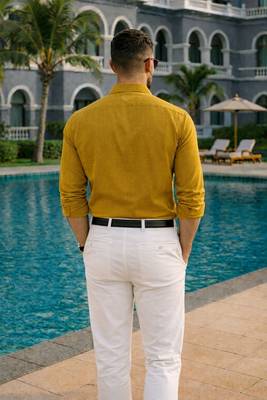 Yellow color formal solid linen cotton rich looks shirt for men 2