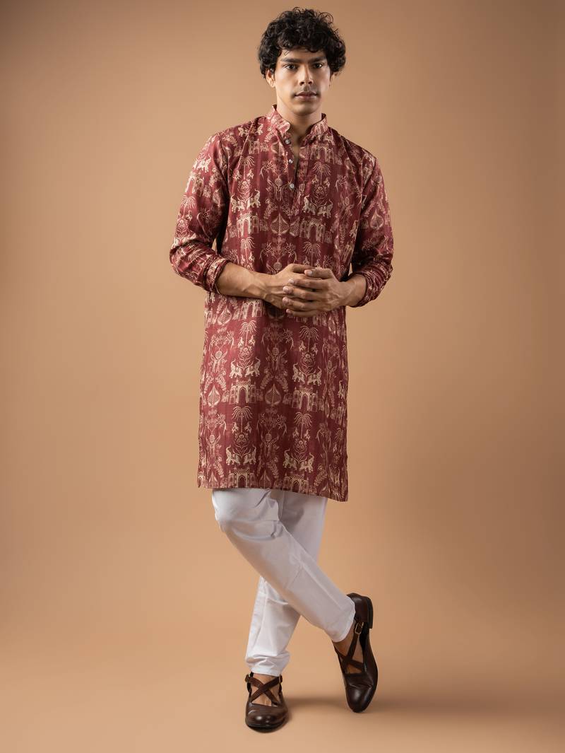 Wine color smart chickoo polo fabric designer ceremonial kurta payjama