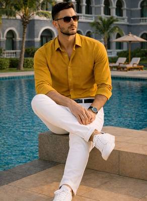 Yellow color formal solid linen cotton rich looks shirt for men 3