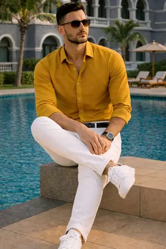 Yellow color formal solid linen cotton rich looks shirt for men