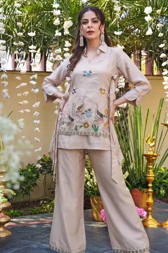 Cream embroidered heavy viscose kurta palazzo set with embroidered jacket