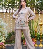 Cream embroidered heavy viscose kurta palazzo set with embroidered jacket