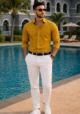 Yellow color formal solid linen cotton rich looks shirt for men 4