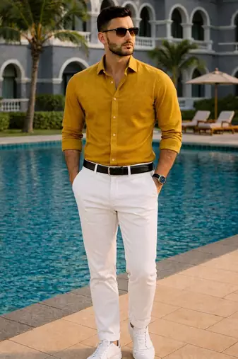 Yellow color formal solid linen cotton rich looks shirt for men