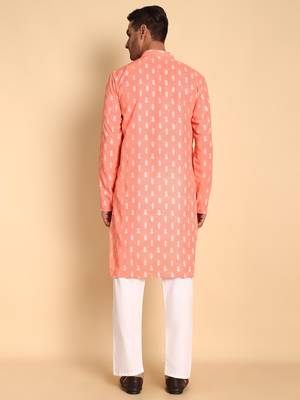 Peach color smart and ethnic designer printed kurta payjama for men's festive looks 2
