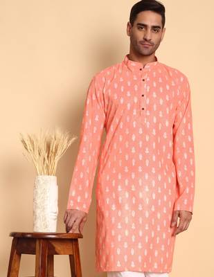 Peach color smart and ethnic designer printed kurta payjama for men's festive looks 3
