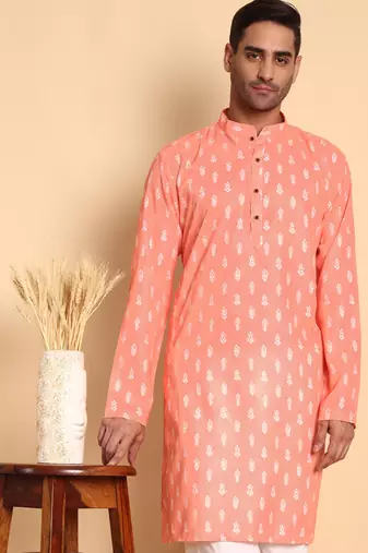 Peach color smart and ethnic designer printed kurta payjama for men's festive looks