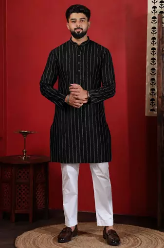 Black color stylish woven designer graceful festive kurta payjama for men