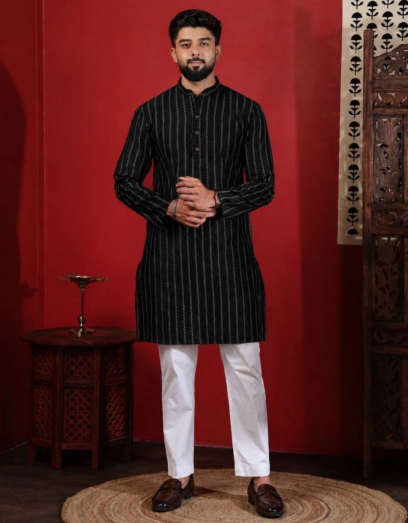 Black color stylish woven designer graceful festive kurta payjama for men