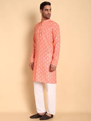Peach color smart and ethnic designer printed kurta payjama for men's festive looks 4