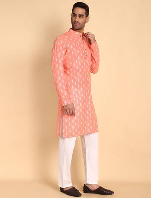 Peach color smart and ethnic designer printed kurta payjama for men's festive looks 5
