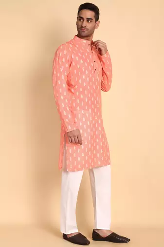 Peach color smart and ethnic designer printed kurta payjama for men's festive looks
