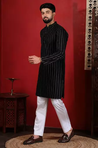 Black color stylish woven designer graceful festive kurta payjama for men
