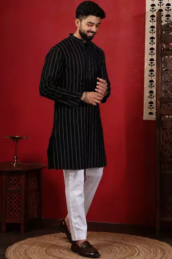 Black color stylish woven designer graceful festive kurta payjama for men