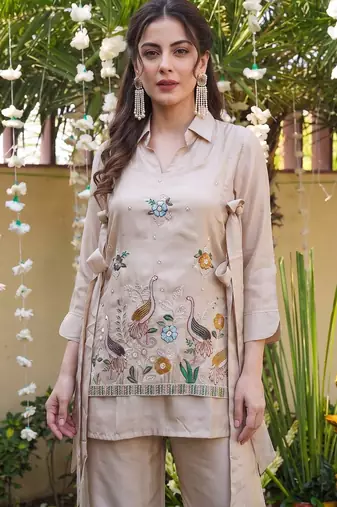 Cream embroidered heavy viscose kurta palazzo set with embroidered jacket